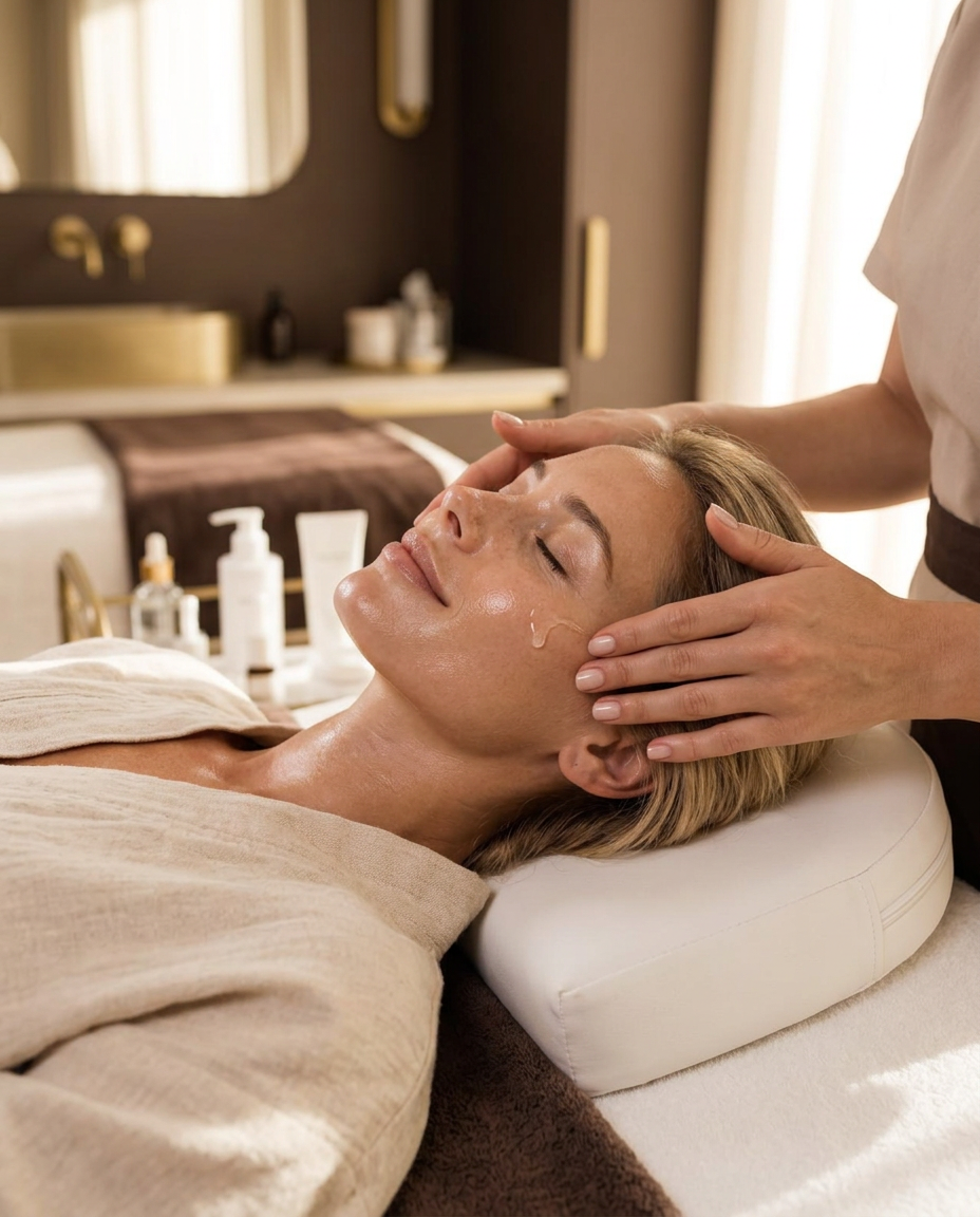 Aesthetician at Opatra Zürich analysing a client's skin before her personalised facial